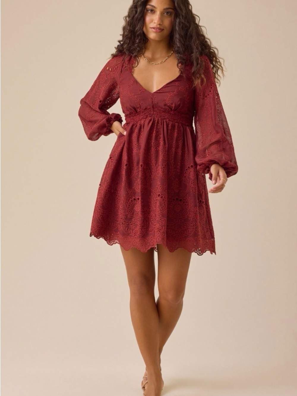 Altar'd State Burgundy Eyelet V-Neck Mini Dress